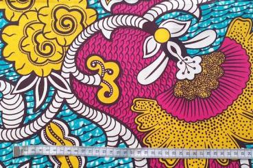 Preview: YELLOW PINK TROPICAL FLOWER Waxprint Stoff